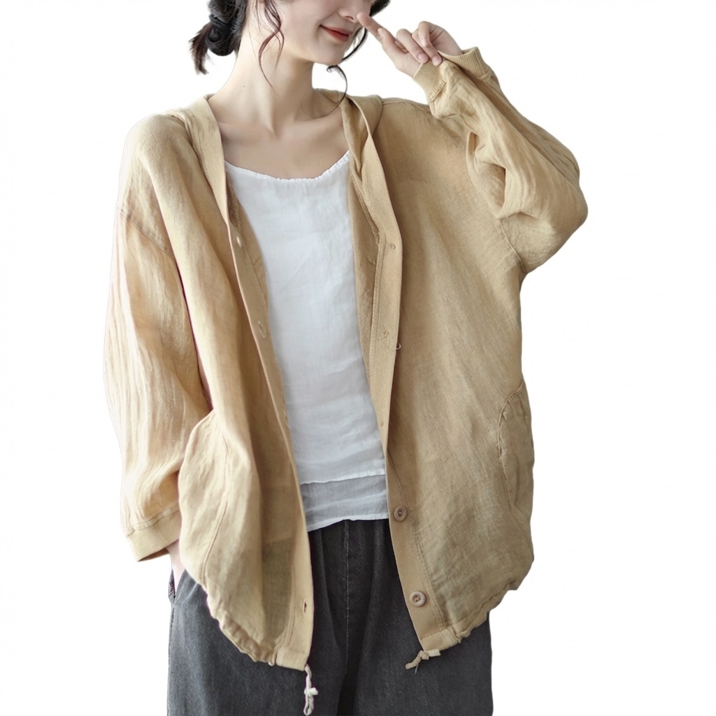 【今日このごろ押さえる、超買得30％OFF引き換え証、2度潮どき皆無】綿麻 トップ レディース ボンネット付き添い人 プルオーバー 裾ドロ同盟罷工 前くい違い 長袖 ゆったり 表着 羽織り ライトアウター 自然的 リネン 無地 心地よい 体型取りまかなう 春 秋 御洒落 森ガー