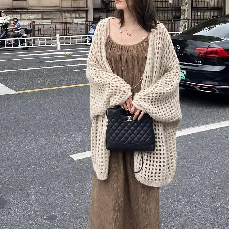 【今日このごろ押さえる、超買得30％OFF引き換え証、2度潮どき皆無】朱夏編み物 レディース 透かし編み メッシュ トップス 大層らしい大きさ かぎ針編み 長袖 プルオーバー 落っこちる肩肉 ゆったり 抜け感 重ね着 Ｖのど首 心地よい パステル色の 通気性 きれ