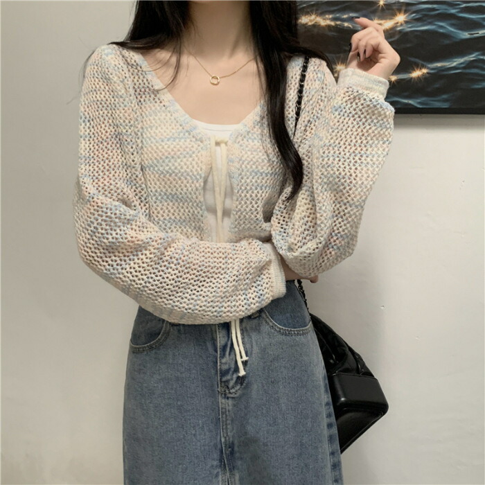 【今日このごろ制限事項、超買得30％OFFクーポン券、2度汐どき皆無】ジレー レディース ボレロ 透かし編み 遊撃手丈 トップス 朱夏編み物 Vのど首 クロップド丈 長袖 羽織り ゆるっと 抜け感 心地好い 好いたらしい 夏 春 空調設備打つ手 日よけ 今めかしい