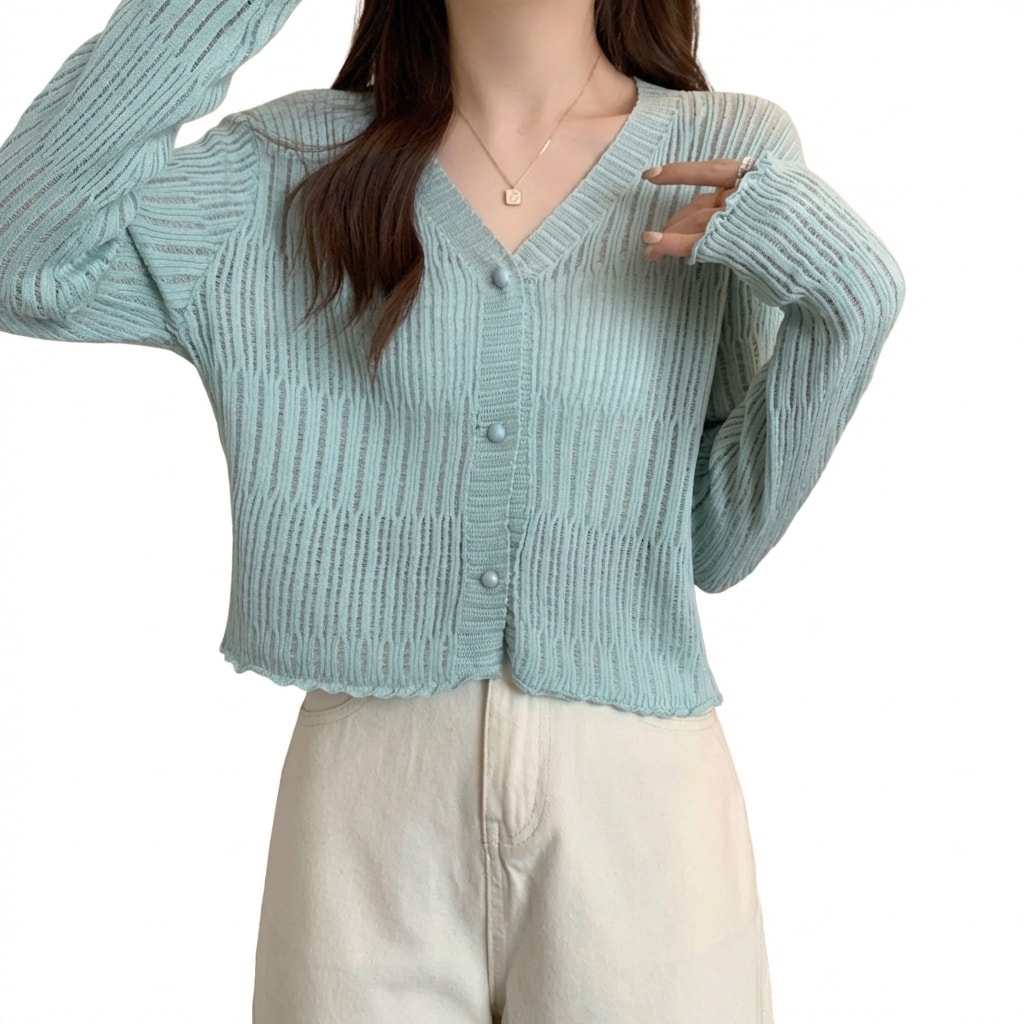 【今日このごろ押さえる、超買得30％OFF引き換え証、2度潮どき皆無】朱夏編み物 ジレー レディース 透け感 Vのど首 薄っぺら 長袖 透かし編み UV打つ手 冷房装置打つ手 トップス 心地よい 好いたらしいめ 御洒落 羽織り ゆったり さらさら 春 夏 秋 事務 重ね