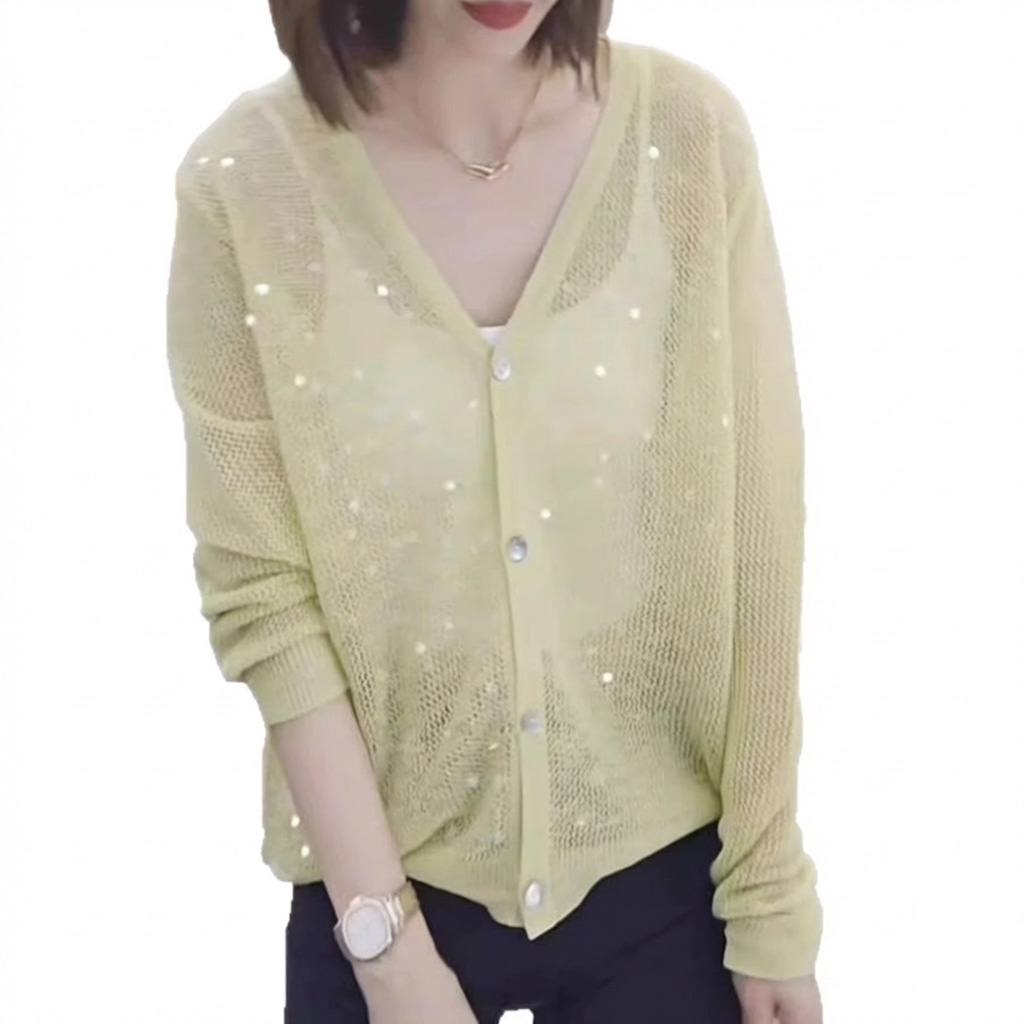 【今日このごろ制限事項、超買得30％OFFクーポン券、2度汐どき皆無】ジレー レディース 編み物 スパンコール Ｖのど首 透け感 シアー 羽織り 好いたらしいめ ゆったり トップス 長袖 空調設備打つ手 心地好い 通い 事務 お出かけ パステル色の 他愛も無い 20代 30代