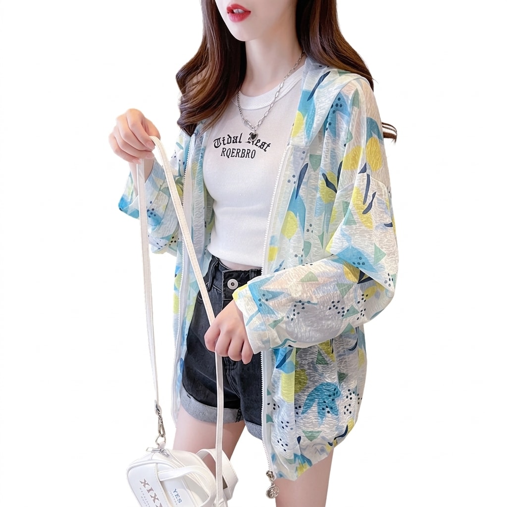 【今日このごろ制限事項、超買得30％OFFクーポン券、2度汐どき皆無】取りすてる パーカー レディース シアーカーディガン 透け感 薄っぺら 混雑時差し固める 日焼押しとどめる 空調設備打つ手 ゆる影ぼうし ボンネット付き添い人 総柄 刷り上げる ジップアップ 紫外線打つ手 海 砂浜 カジュア