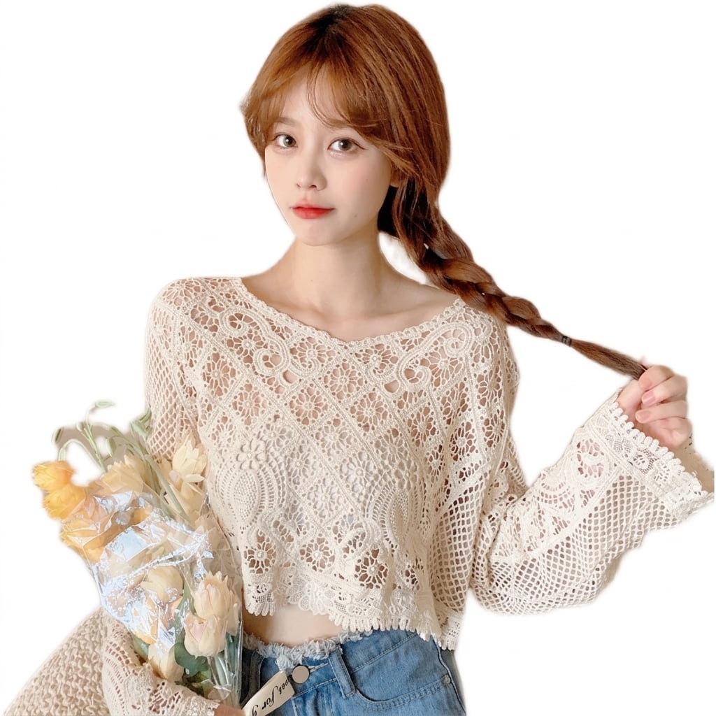 【全店通用25％OFFクーポン】レース トップス レディース 透かし編み ショート丈 長袖 花柄 クロシェ 編み ゆるふわ カジュアル ボヘミアン ブラウス 春夏 重ね着 総レース かぎ針編み ベルスリーブ｜大森麗萱