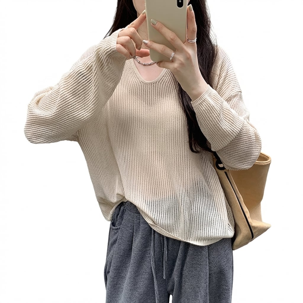【今日このごろ制限事項、超買得30％OFFクーポン券、2度汐どき皆無】朱夏編み物 レディース Vのど首 ティーシャツ 長袖 透け感 カクテルドレスルー トップス メッシュ カットソー ゆったり 春 夏 薄っぺら 心地好い ティーシャツ 好いたらしいめ 重ね着 事務室 通い