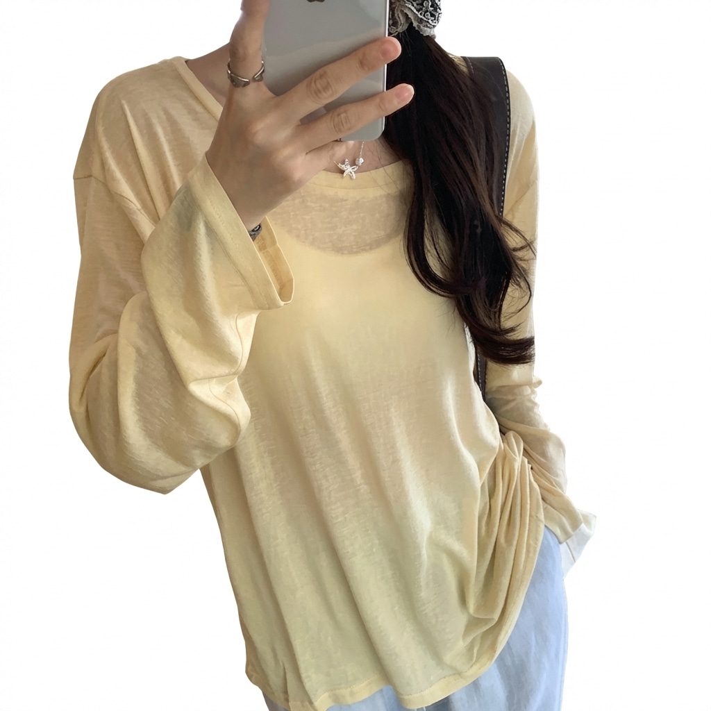 【全店通用25％OFFクーポン】ティーシャツ レディース 長袖 シアー カットソー ワンショルダー 斜め襟 透け感 ゆったり トップス 薄手 セクシー 無地 カジュアル インナー きれいめ 春 夏 秋 重ね着 お洒落 鎖骨見｜大森麗萱