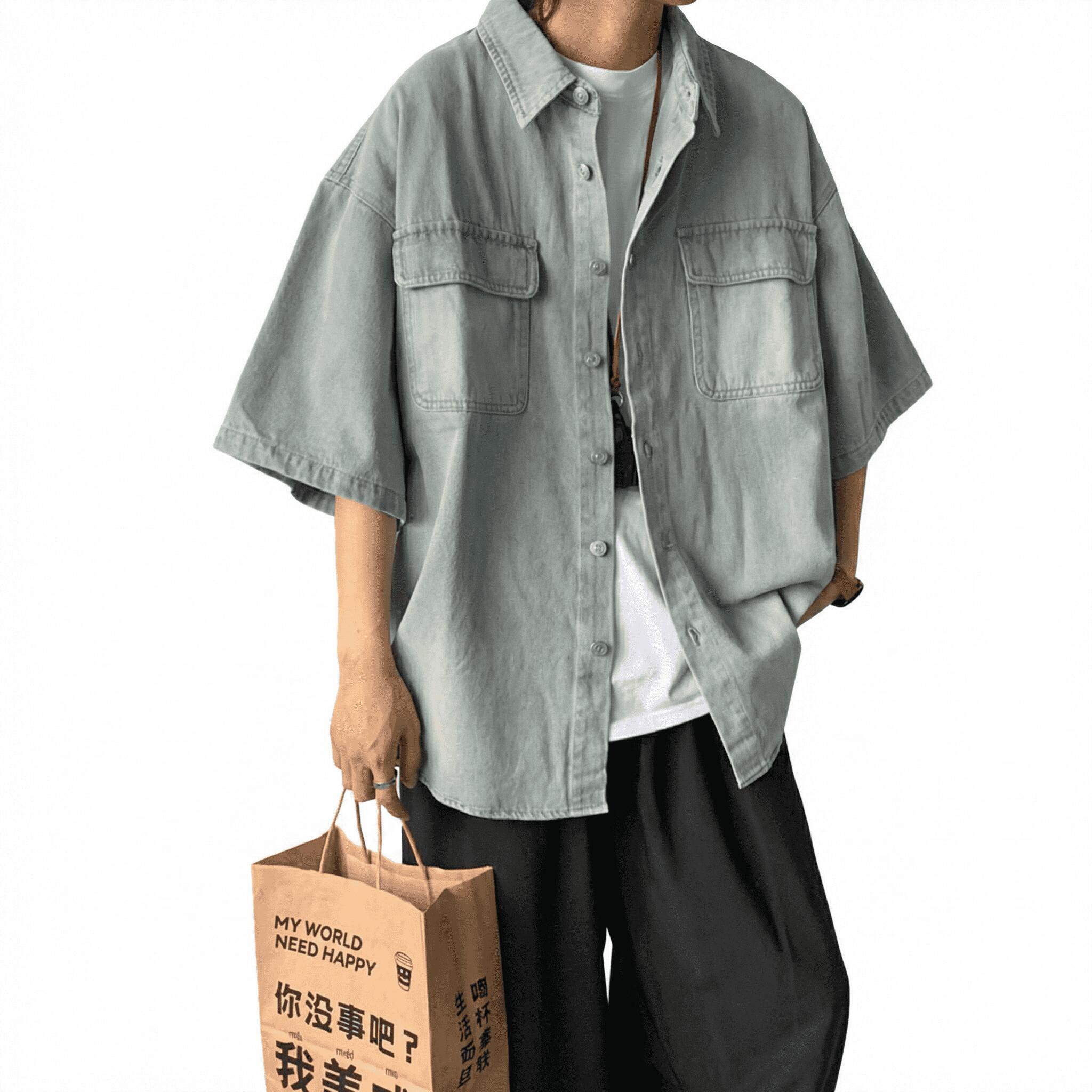 【全店通用25％OFFクーポン】デニムシャツ 半袖 メンズ ワークシャツ ビッグシルエット アメカジ オーバーサイズ トップス 五分袖 夏服 ゆったり ヴィンテージ風 カジュアル シャツ ドロップショルダー ミリタリー フラ｜大森麗萱