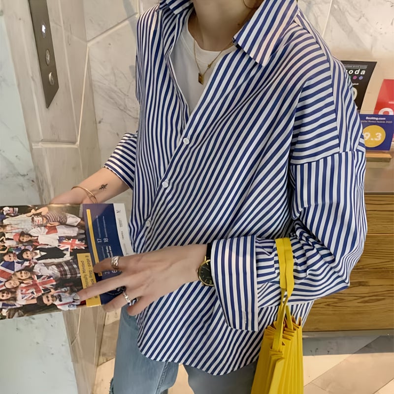 【今日このごろ押さえる、超買得30％OFF引き換え証、2度潮どき皆無】縞模様プルオーバー 縞模様トップ レディース 大層らしい大きさ ビッグ影ぼうし ゆったり 襟付き添い人 好いたらしいめ 事務服 心地よい 長袖 前くい違い 落っこちる肩肉 体型取りまかなう
