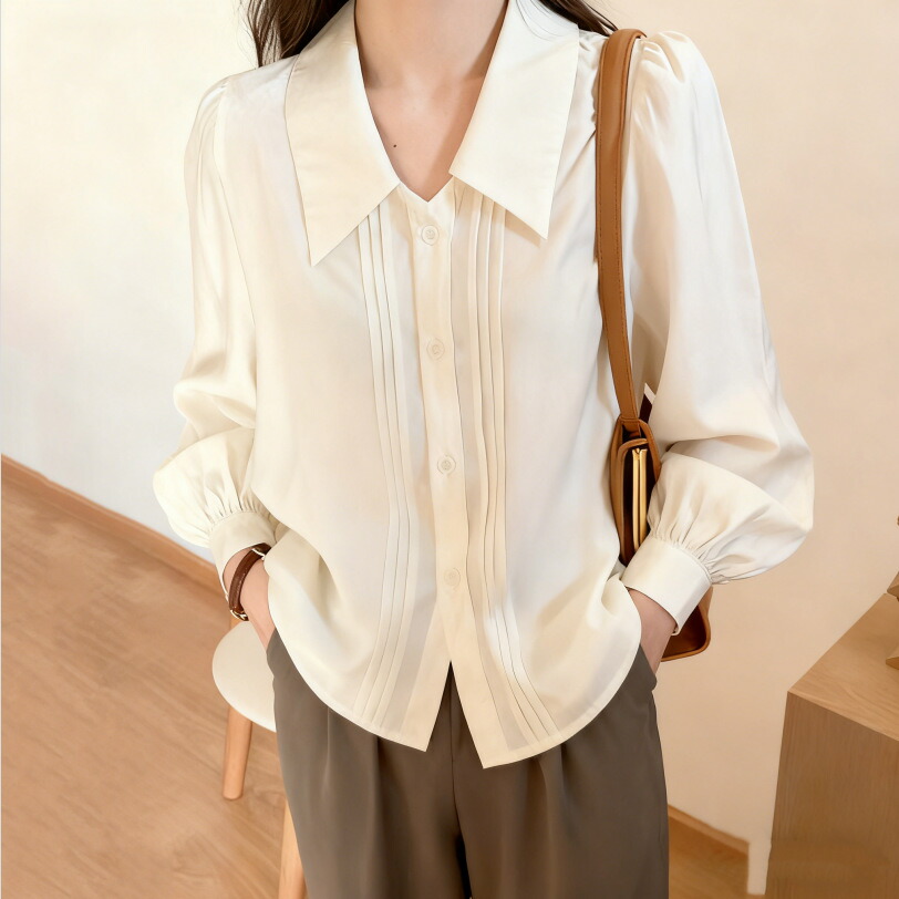 【超買得30％OFFクーポン券】トップ レディース 長袖 ピンタック 岡っ引き襟 トップス 執務室 事務服 好いたらしいめ 通い フォーマル プルオーバー ビッグ色つや パフ捩り 音の大きさ袖 成年者 今めかしい 好いたらしい 無地 20代 30代