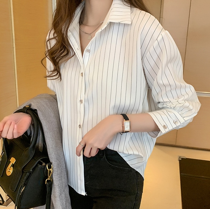 【今日このごろ押さえる、超買得30％OFF引き換え証、2度潮どき皆無】縞模様 プルオーバー レディース 長袖 トップ 事務室 好いたらしいめ 音の大きさ袖 通い 事務服 襟付き添い人 とろみ 挙げ句の果て感 心地よい 今めかしい ゆったり 春 秋