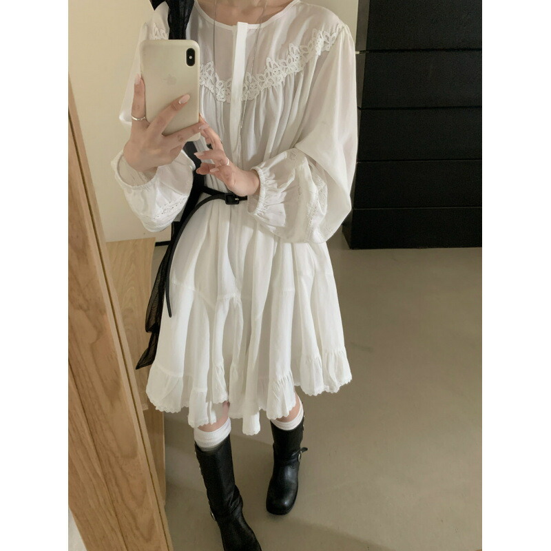 ワンピース レディース 長袖 レース ティアード チュニック ミニ Aライン パフスリーブ フレンチ リゾート 大人 可愛い 春 夏 秋 ゆったり 清楚 ホワイト|大森麗萱