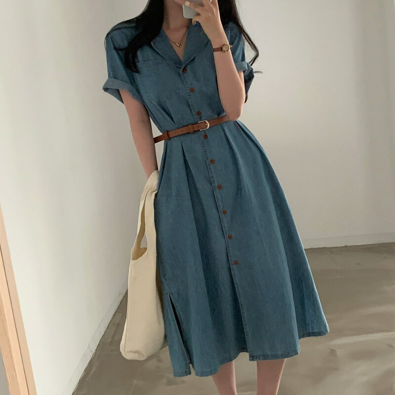 デニムワンピース レディース 半袖 ロング シャツワンピース 襟付き 前開き Aライン きれいめ カジュアル ウエストマーク 体型カバー 着痩せ 春 夏 秋 ライトブルー|大森麗萱