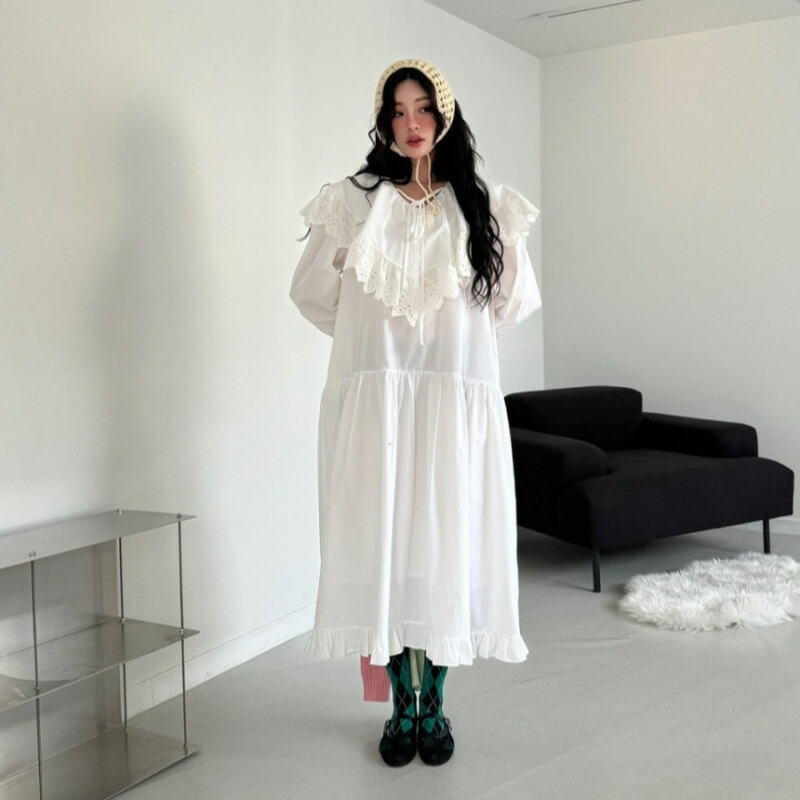 ロングワンピース レディース 長袖 ピンク レース襟 ビッグカラー フリル 裾 ティアード 大人可愛い フェミニン 春 秋 おしゃれ|大森麗萱