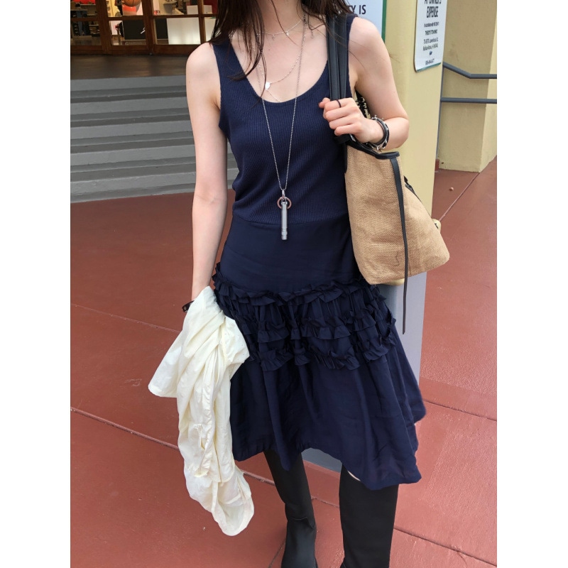 ワンピース レディース ティアード ワンピース 異素材 切替 リブニット フリル ロングワンピース ノースリーブ Uネック カジュアル 着痩せ 夏 秋 おしゃれ きれいめ ネイビー|大森麗萱