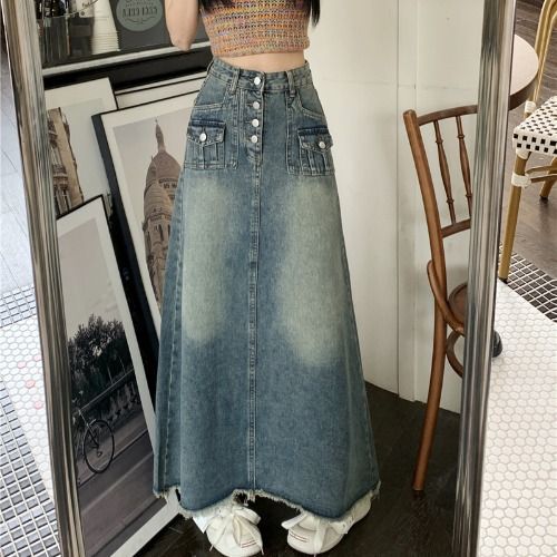 【今日このごろ制限事項、超買得30％OFF引き換え証、2度潮合い皆無】ジーンズスコート ロング レディース A生産ライン 御機嫌酉の方角 フリンジ 切りっぱなし ヴィンテージ産業 マキシ丈 向こう正面名取り草 心地よい 韓国風 今めかしい 体型押しかぶせる 着痩せ 春 夏 秋 ブ