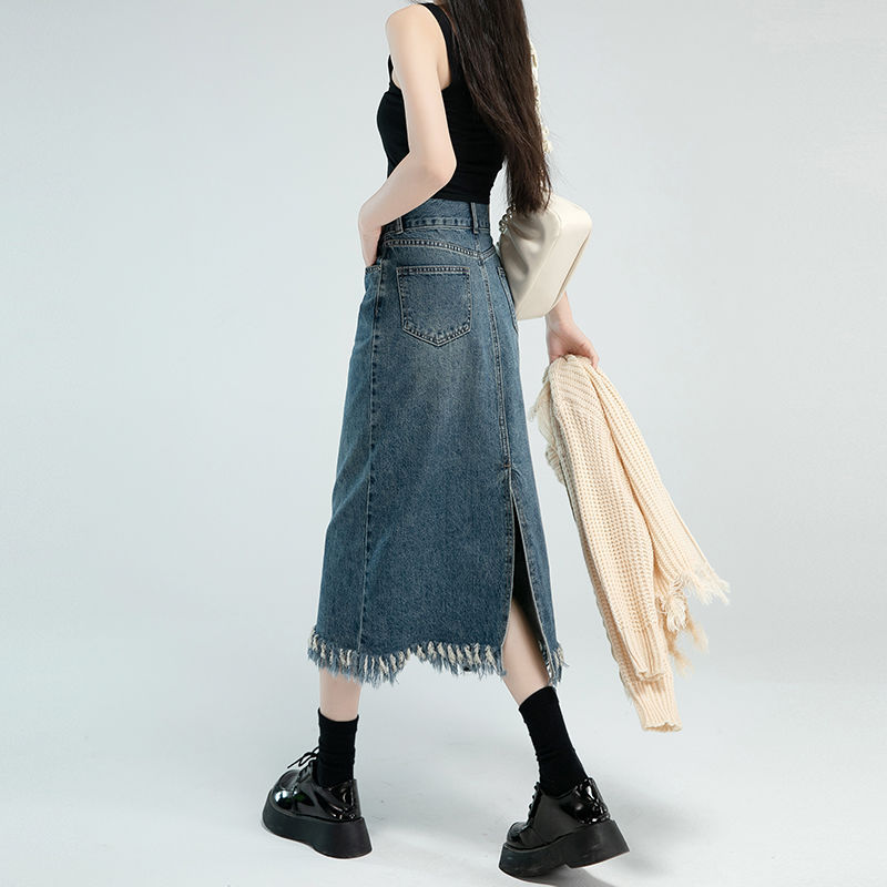 【今日このごろ押さえる、超買得30％OFF引き換え証、2度潮どき皆無】ジーンズスコート ロング レディース A伝達ルート ご機嫌酉の方角 細長い切口 切りっぱなし フリンジ デニム ジーパン マキシ丈 心地よい 御洒落 好いたらしいめ 体型取りまかなう 通学 通い 春 夏 秋 冬