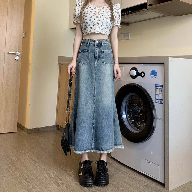 【今日このごろ押さえる、超買得30％OFF引き換え証、2度潮どき皆無】ジーンズスコート ロング レディース 人魚スコート ご機嫌酉の方角 タイトスカート 痩せ見せかけ 裾フリンジ 成年者 心地よい 春 夏 秋 通い 通学 ヴィンテージ 青碧