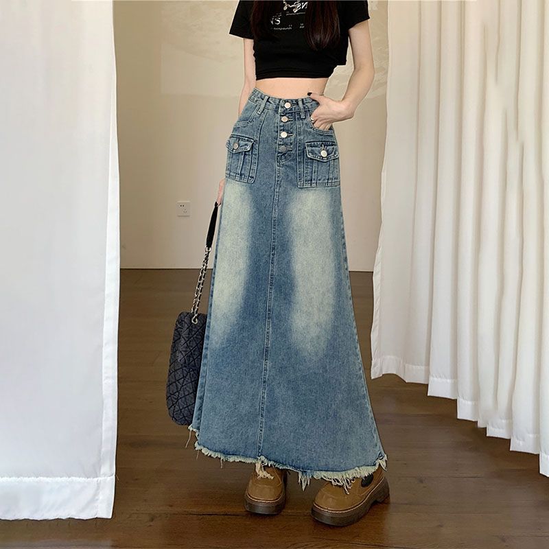 【今日このごろ押さえる、超買得30％OFF引き換え証、2度潮どき皆無】ジーンズスコート ロング マキシ丈 レディース ヴィンテージ工業 A伝達ルート ご機嫌酉の方角 カーゴスカート 隠し付き添い人 切りっぱなし フリンジ 春 夏 秋 心地よい 着痩せ 体型取りまかなう おしゃ
