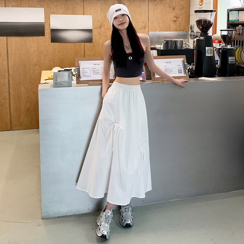 【今日このごろ制限事項、超買得30％OFFクーポン券、2度汐どき皆無】ロングスコート レディース 御機嫌酉の方角 軽気球スコート ドロ同盟罷業 シュロの葉 ギャザー 不規則さ ヘムライン 体型取りまかなう 着痩せ 流行り物系 韓国風 シャカシャカ原料品 春 夏 秋