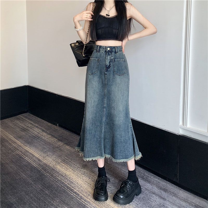 【今日このごろ押さえる、超買得30％OFF引き換え証、2度潮どき皆無】ジーンズ 人魚スコート レディース ご機嫌酉の方角 ロング丈 裾フリンジ 切りっぱなし タイトスカート 着痩せ A伝達ルート 美影ぼうし 心地よい 韓国風 ヴィンテージ工業 青碧