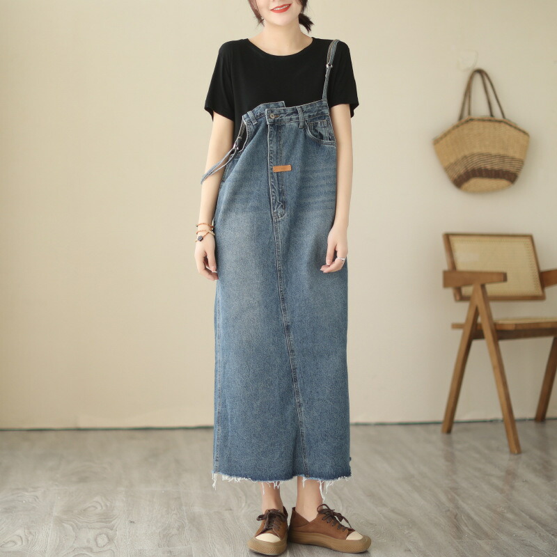 【今日このごろ押さえる、超買得30％OFF引き換え証、2度潮どき皆無】前掛けスコート レディース ロング丈 A伝達ルート ジーンズ ズボン吊りスコート ヴィンテージ ゆったり 切りっぱなし レトロ 好いたらしいめ 春 夏 秋 心地よい 好いたらしい 体型取りまかなう 森お嬢さん