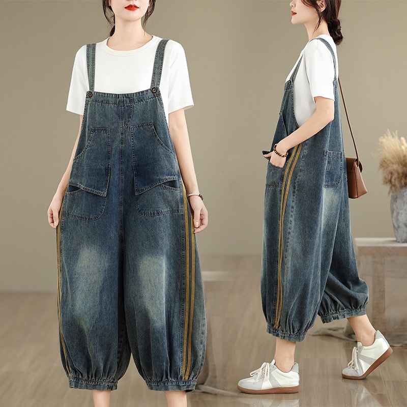 【全店通用25％OFFクーポン】サロペット レディース デニム オーバーオール サイドライン バルーンパンツ ワイド ゆったり 体型カバー オールインワン カジュアル 夏 大きいサイズ ジーンズ ロング丈 ワークパンツ おし｜大森麗萱