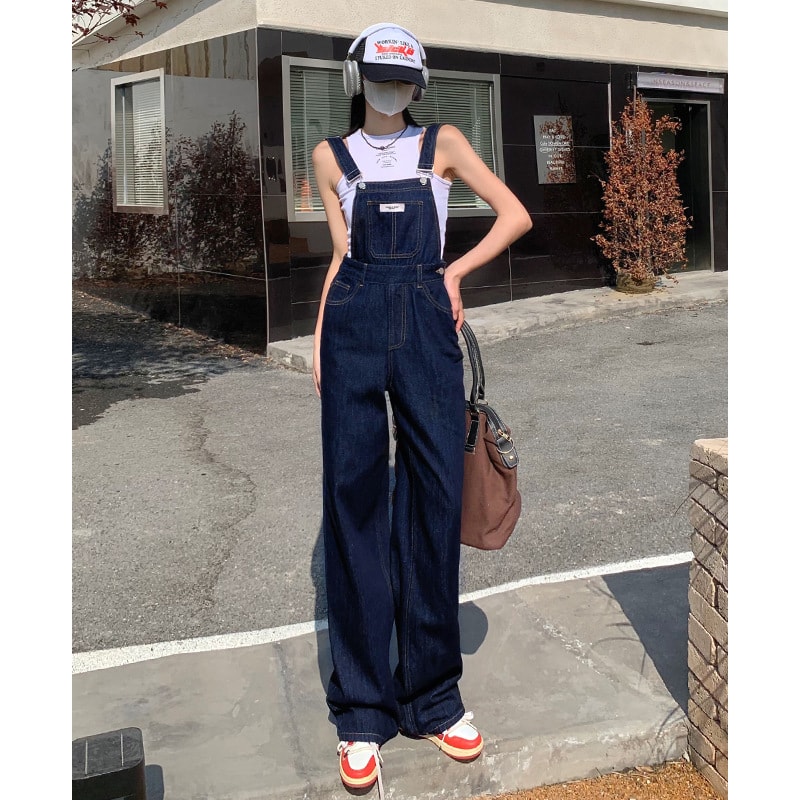 【全店通用25％OFFクーポン】サロペット オーバーオール デニム レディース ネイビー ワイドパンツ ストレート ハイウエスト ゆったり 体型カバー 着痩せ カジュアル オールインワン つなぎ ジーンズ パンツ おしゃれ｜大森麗萱