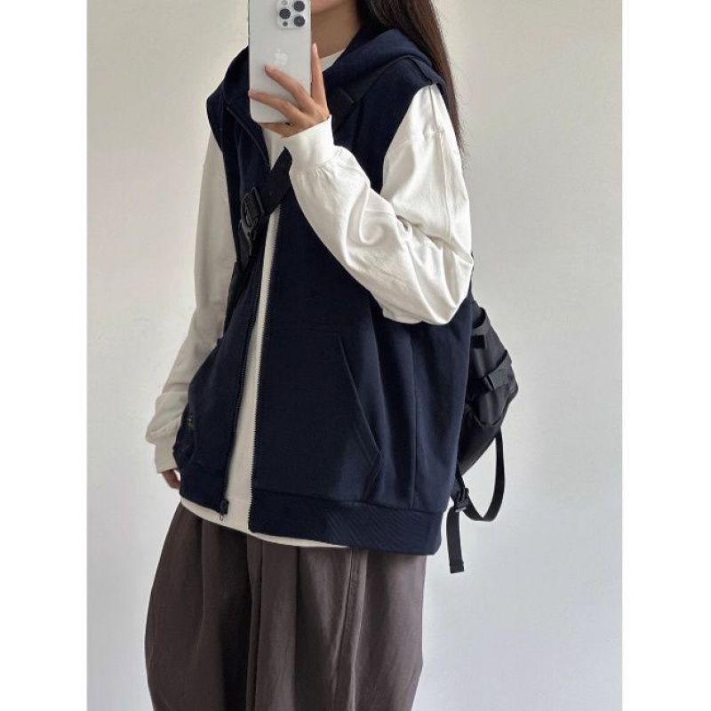 【全店通用25%OFFクーポン】パーカーベスト レディース ジップアップ ノースリーブ フード付き スウェット 前開き ベスト オーバーサイズ ゆったり カジュアル 重ね着 春 秋 無地 部屋着 ファッション|大森麗萱