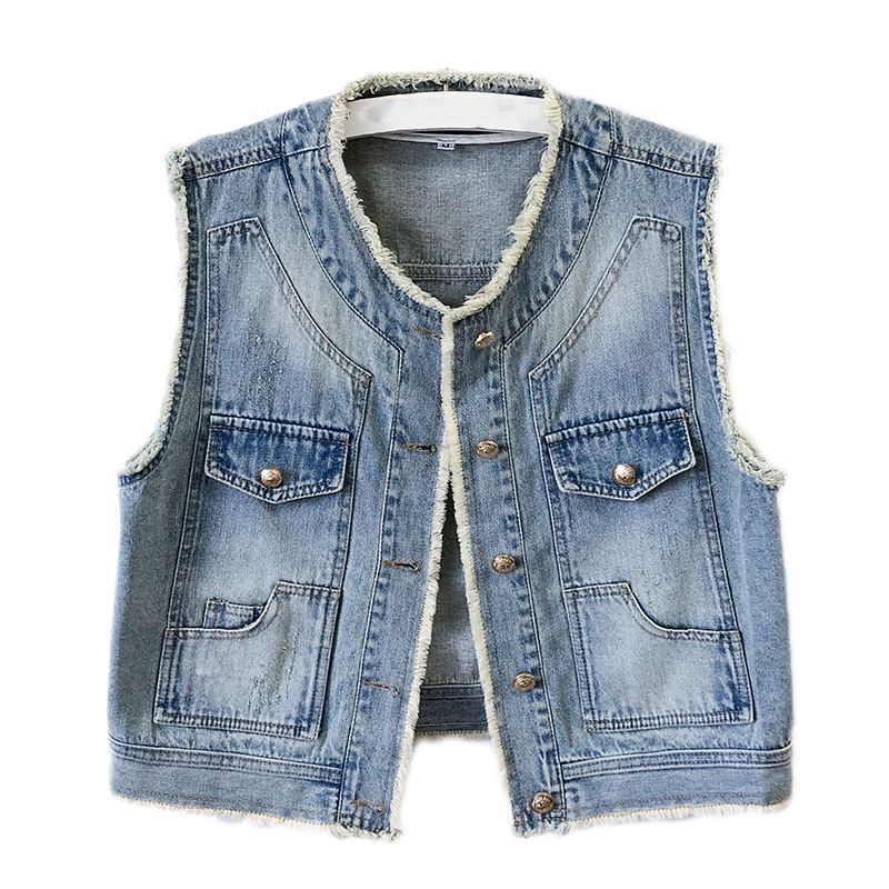 【全店通用25％OFFクーポン】デニムベスト レディース ジレ 切りっぱなし デニム ジャケット ノースリーブ ショート丈 フリンジ 春 夏 秋 ファッション きれいめ カジュアル 重ね着 ラウンドネック 前開き ライトブル｜大森麗萱