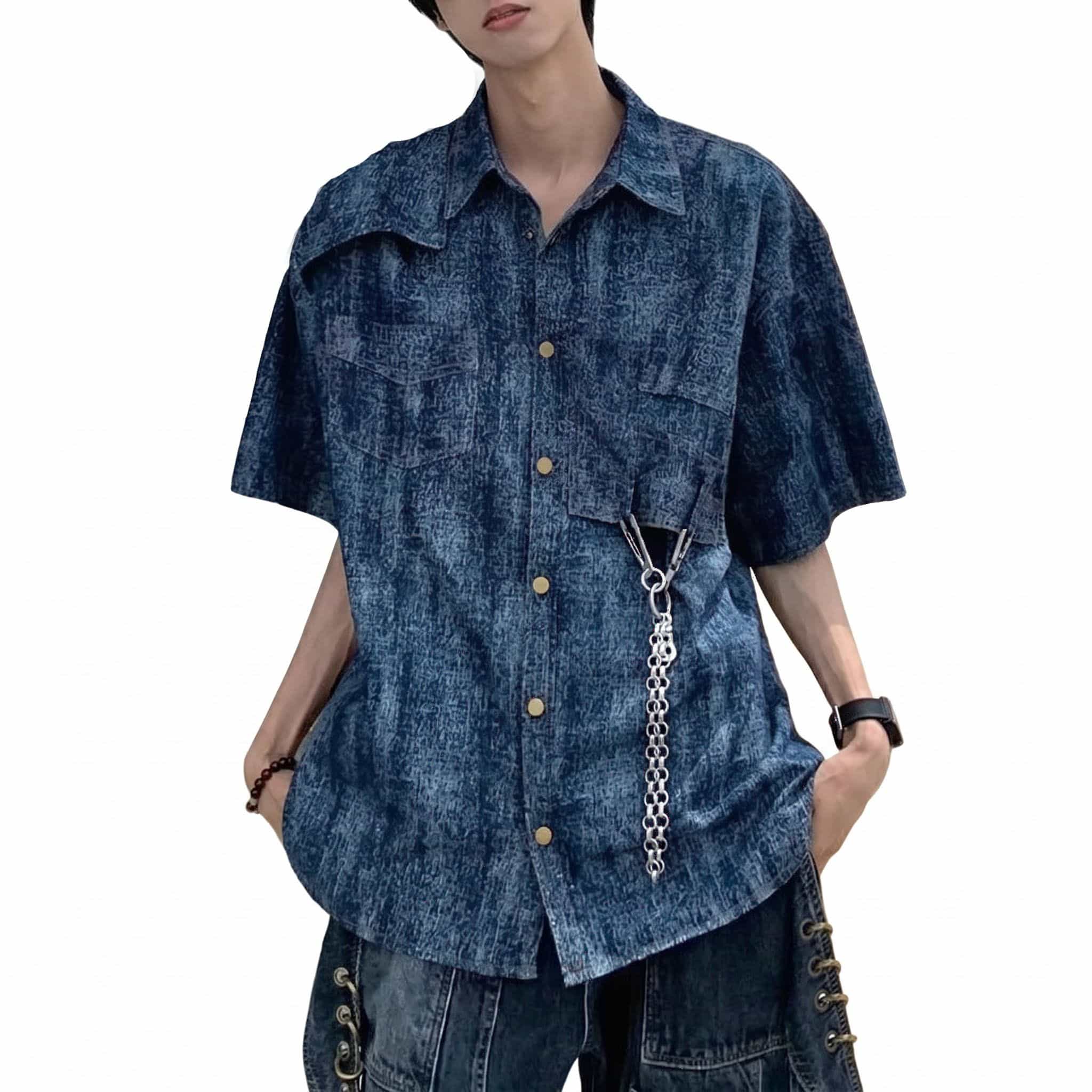 【全店通じる25％OFFクーポン券】半袖プルオーバー メンズ サーフ系 ビッグ影ぼうし 大層らしい大きさ もの柔らか ジーンズ風 トップス 心地よい レトロ 開襟プルオーバー ウォッシュ処理 向こう見ず 着心地 ゆったり 表どおり 夏 細工物プルオーバー