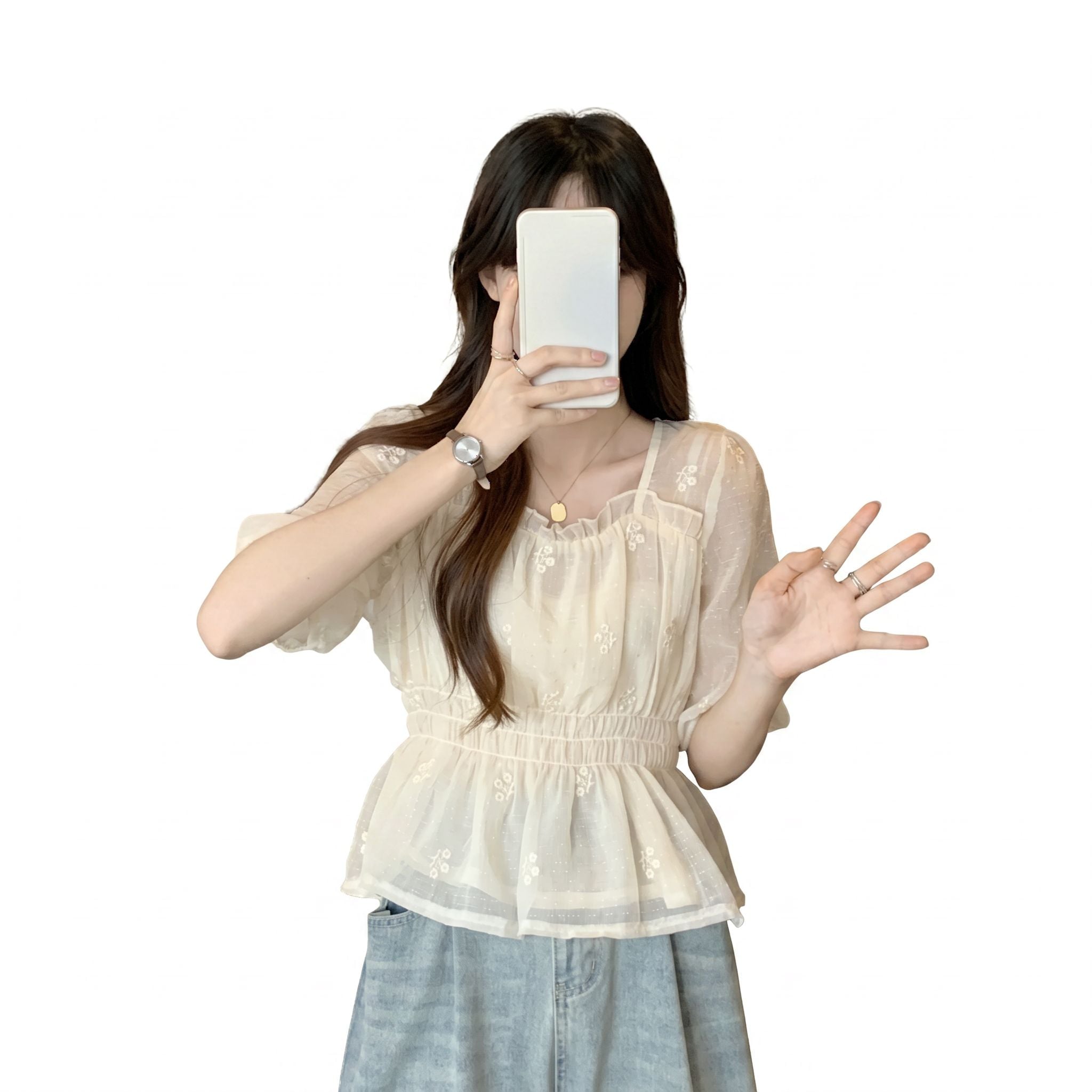 【今日このごろ押さえる、超買得30％OFF引き換え証、2度潮どき皆無】トップ レディース 半袖 トップス 夏 刺? 真四角のど首 パフ衣袂 ペプラム シャーリング 表着 ふんわり シアー 透け感 ガーリー 女子らしい 好いたらしい 好いたらしいめ 成年者 カジュ