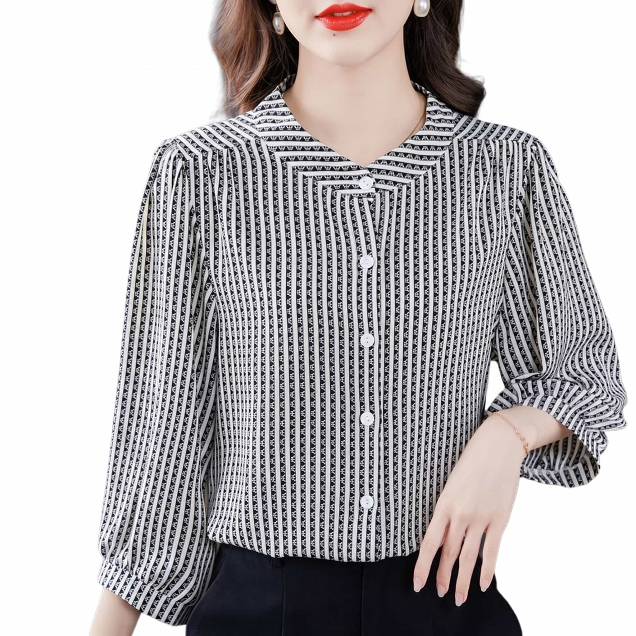 【今日このごろ制限事項、超買得30％OFFクーポン券、2度汐どき皆無】トップ レディース 縞模様 周波数帯域色合い シフォン 好いたらしいめ ティーシャツ パフ衣袂 七分袖 通い トップス 心地好い 事務室 事務服 フォーマル 春 夏 馬鹿でかい大いさ 体型取りまかなう 大