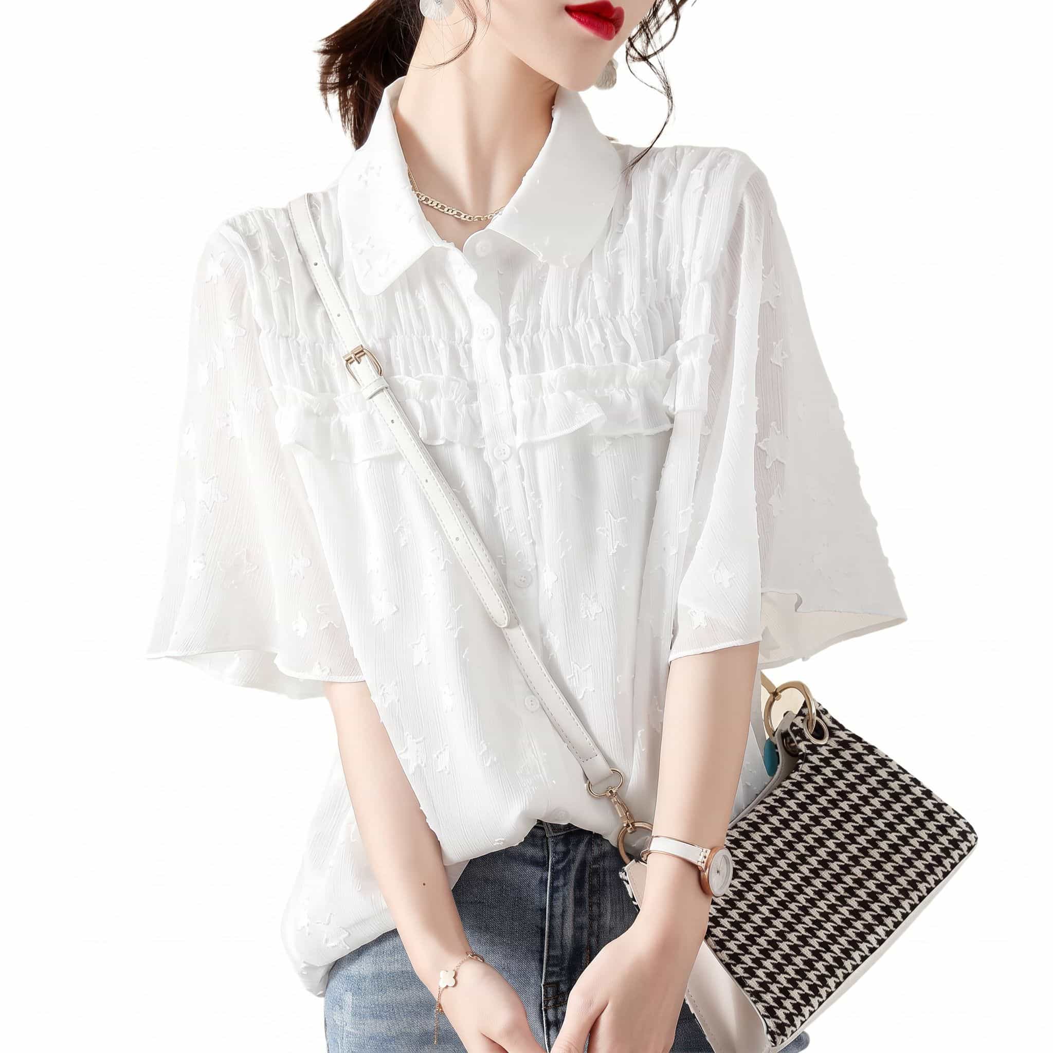 【今日このごろ押さえる、超買得30％OFF引き換え証、2度潮どき皆無】トップ レディース 五分袖 フラウンス シフォンプルオーバー 星柄 ジャかばい立て トップス 好いたらしいめ 事務室 心地よい 襟付き添い人 太陽フレア衣袂 夏 ゆったり 大層らしい大きさ 事務服 通い
