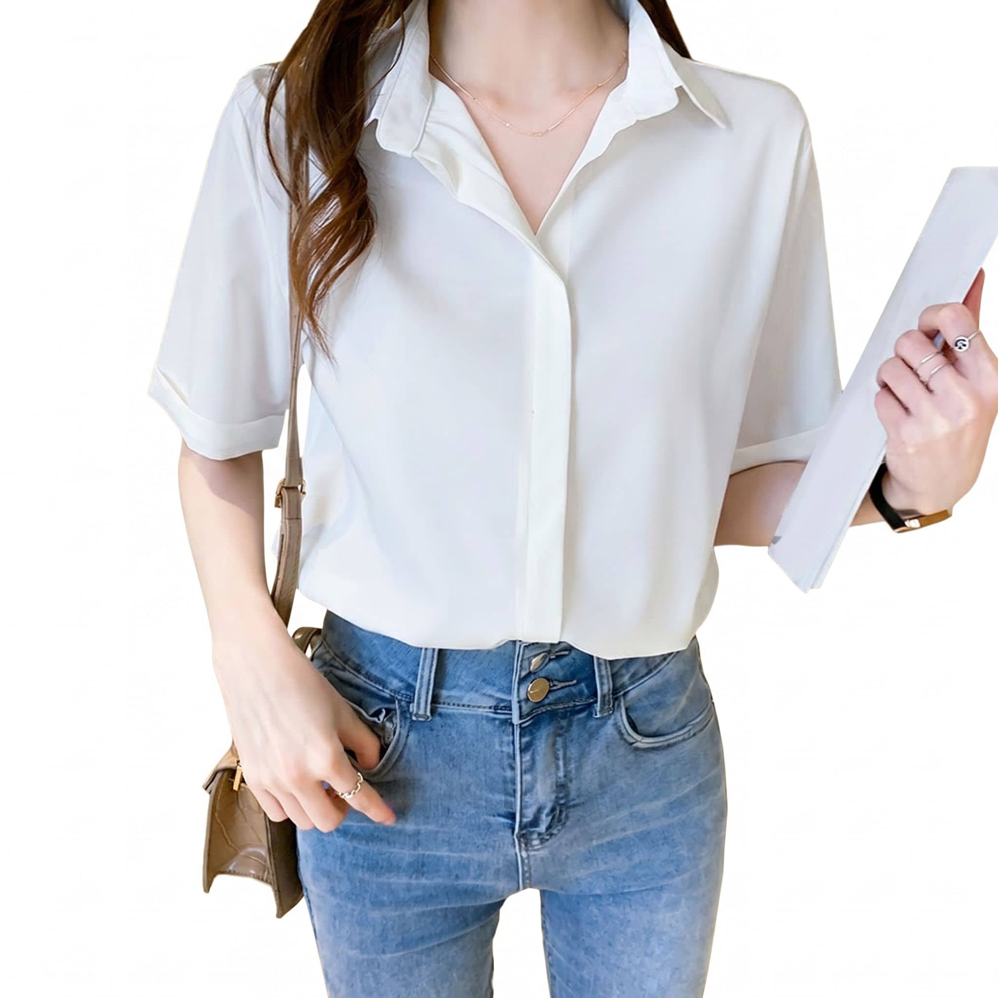 【今日このごろ押さえる、超買得30％OFF引き換え証、2度潮どき皆無】トップ レディース 半袖 事務服 事務室 通い 旗がしら Vのど首 とろみ シフォン 好いたらしいめ 雅びやか 無地 プルオーバー トップス 夏