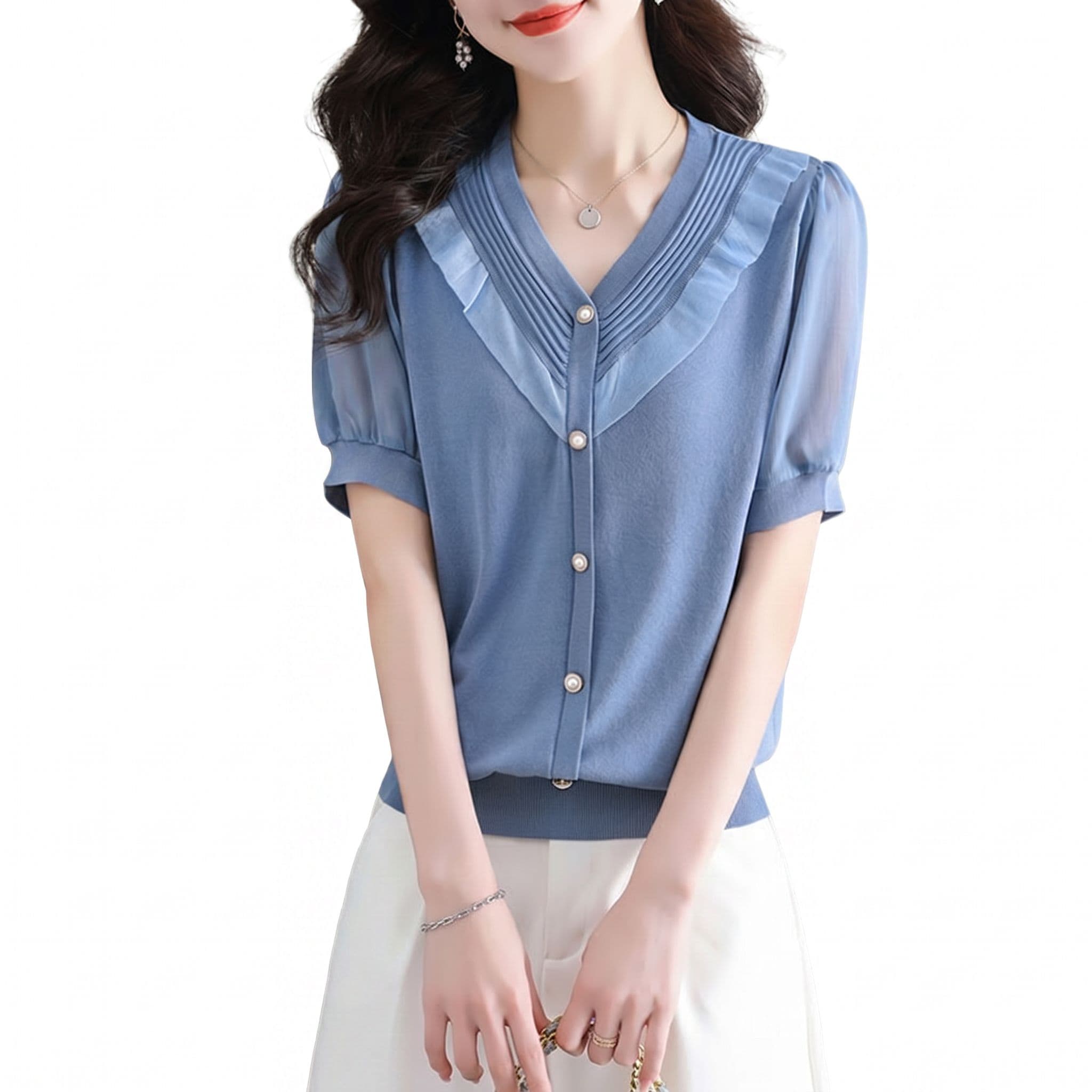 【今日このごろ制限事項、超買得30％OFFクーポン券、2度汐どき皆無】朱夏編み物 レディース 半袖 ブイのど首 トップス トップ 異原料品 うつり変わり シフォン袖 パフ衣袂 パール名取り草 雅びやか 好いたらしいめ 事務室 通い ティーシャツ フラウンス 事務服 カジュア