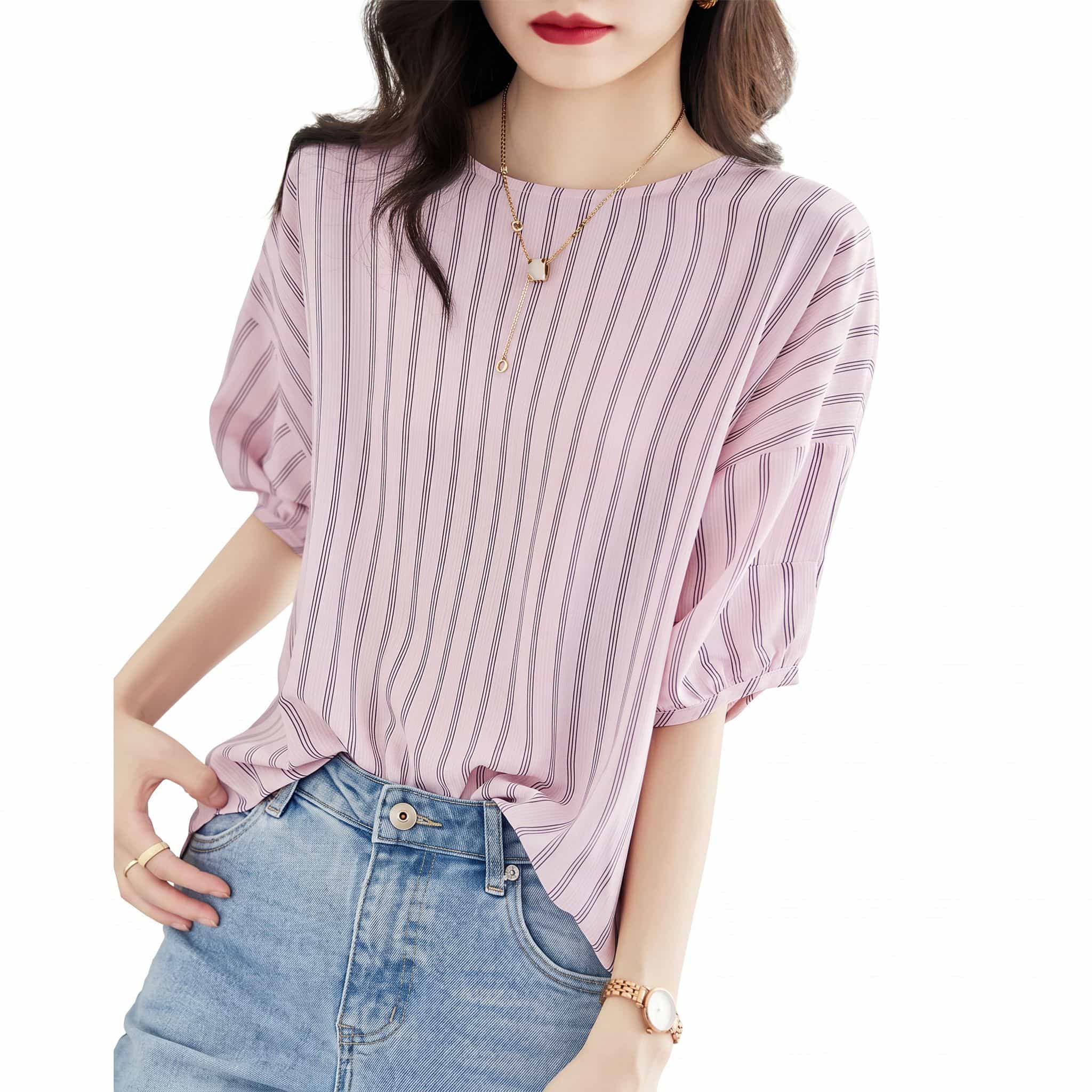 【今日このごろ押さえる、超買得30％OFF引き換え証、2度潮どき皆無】トップ レディース 五分袖 縞模様 シフォン プルオーバー 労働者の一団のど首 パフ衣袂 トップス 好いたらしいめ 通い 事務室心地よい ゆったり 体型取りまかなう 今めかしい 雅びやか 着痩せ 事務服 夏