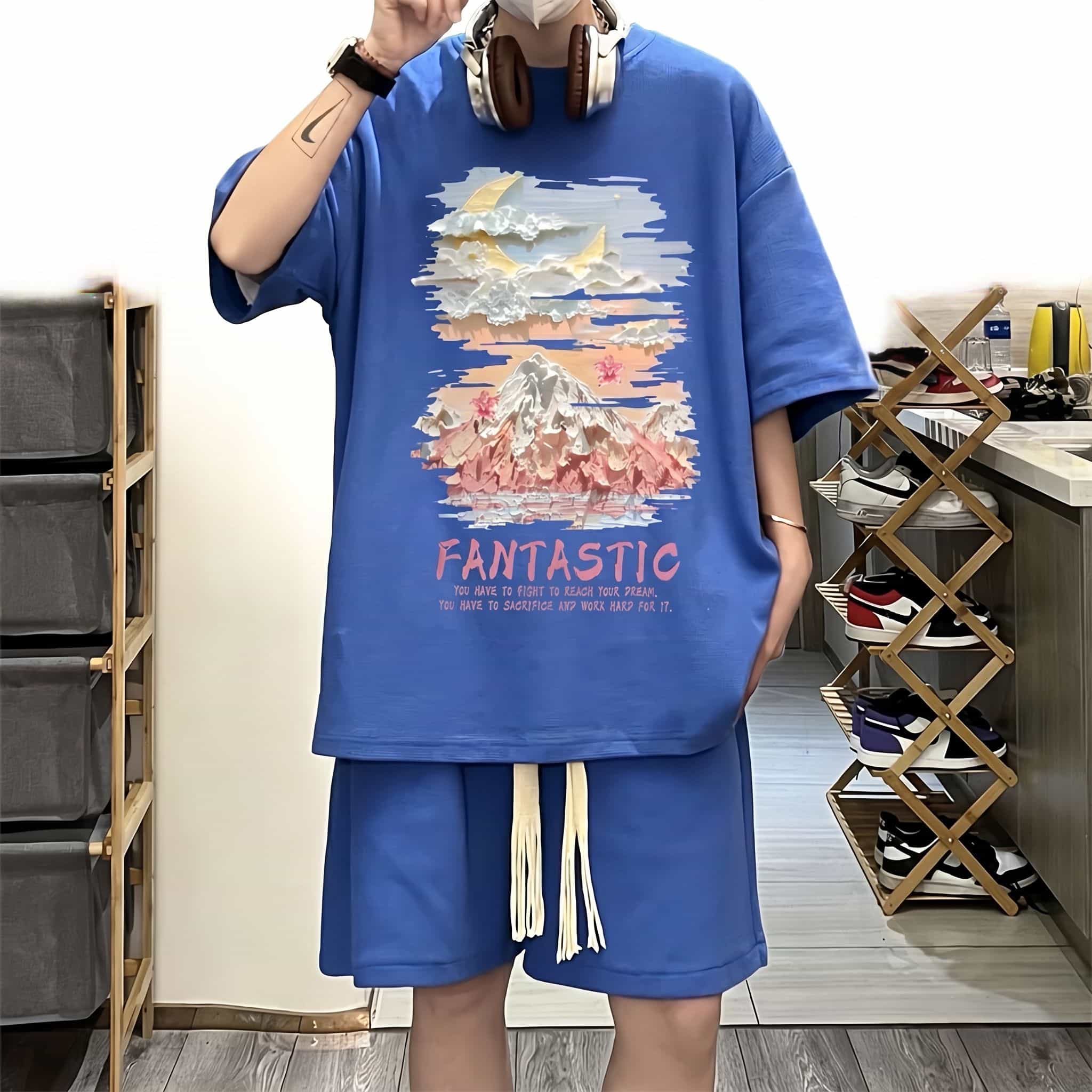 【全店通用25％OFFクーポン】メンズ セットアップ 夏服 半袖 Tシャツ ハーフパンツ 上下セット ワッフル生地 吸汗速乾 オーバーサイズ ドロップショルダー ストリート系 カジュアル 大きいサイズ ルームウェア 部屋着｜大森麗萱