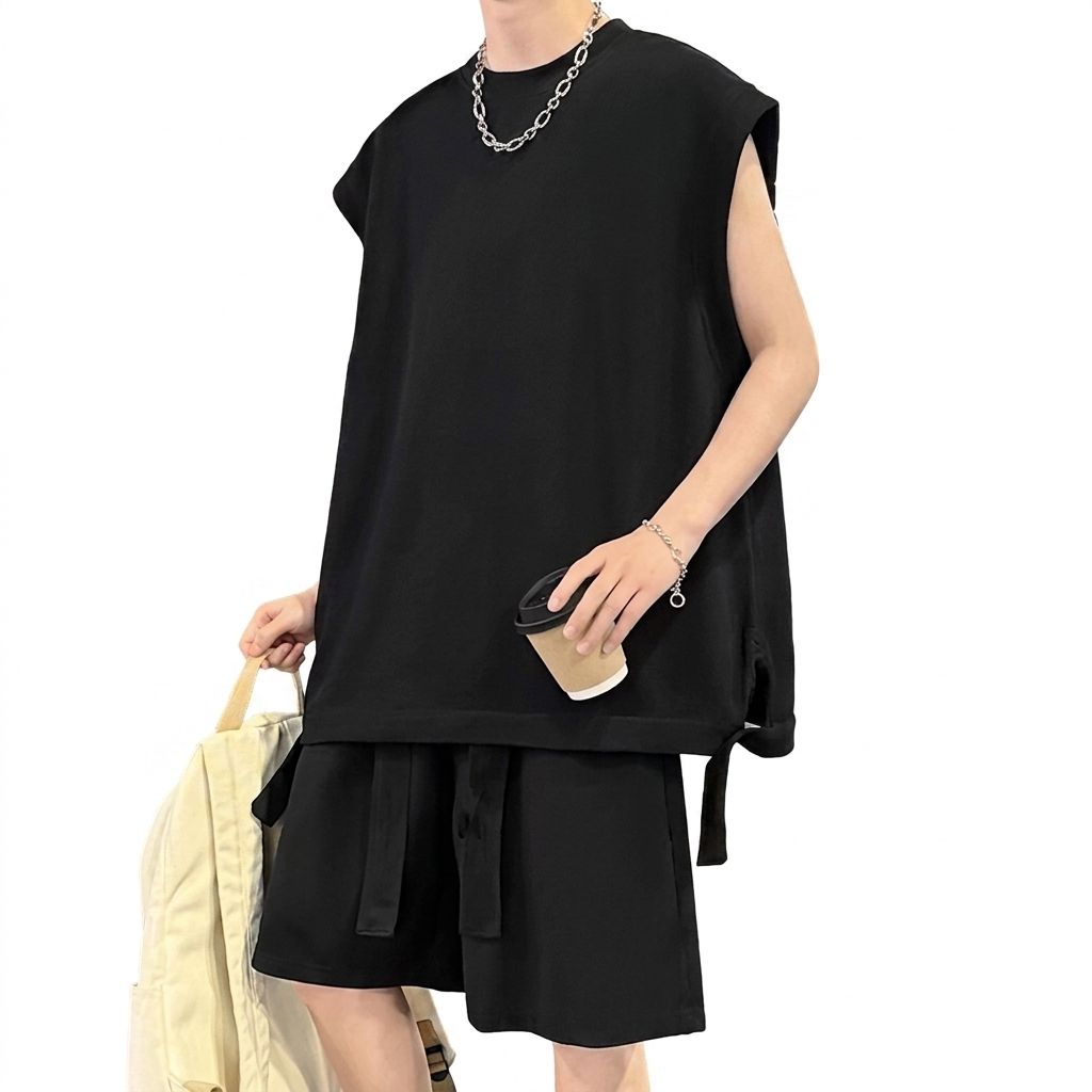 【全店通用25%OFFクーポン】セットアップ メンズ 夏服 上下セット オーバーサイズ ノースリーブ ハーフパンツ 速乾 涼しい ストリート カジュアル ルームウェア トレーニング 部屋着 運動着 ゆったり 丸首 無地 スリ|大森麗萱