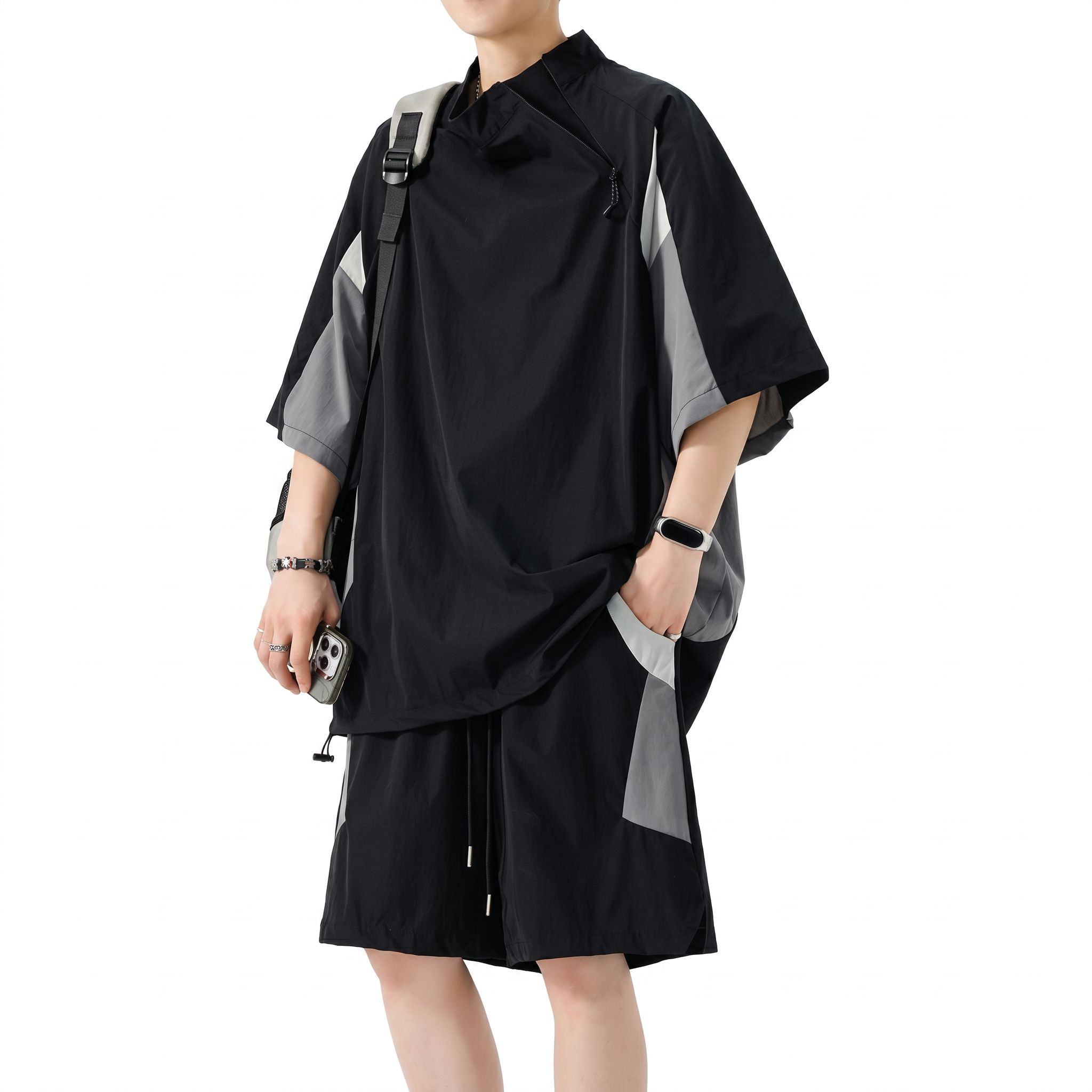 【全店通用25%OFFクーポン】セットアップ メンズ 夏用 上下セット 接触冷感 半袖 ティーシャツ ハーフパンツ 切り替え ビッグシルエット モード系 涼しい 部屋着 カジュアル 軽い スポーツ|大森麗萱