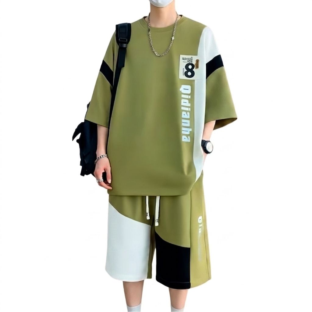 【全店通用25%OFFクーポン】上下セット メンズ 夏 ビッグシルエット ゆったり 切り替え 半袖 セットアップ 涼しい コーディネート ショートパンツ 部屋着 バイカラー 五分袖 快適|大森麗萱