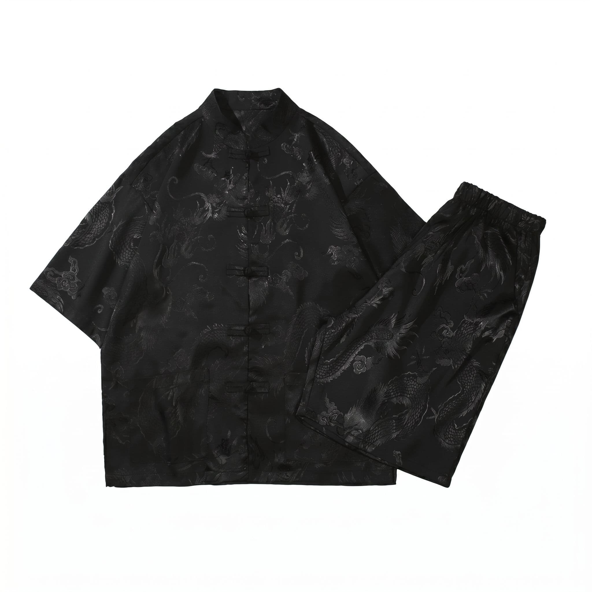【全店通用25％OFFクーポン】メンズ セットアップ 唐装 カンフー マオカラー 龍柄 ジャガード サテン調 夏服 爽やか 清潔感｜大森麗萱