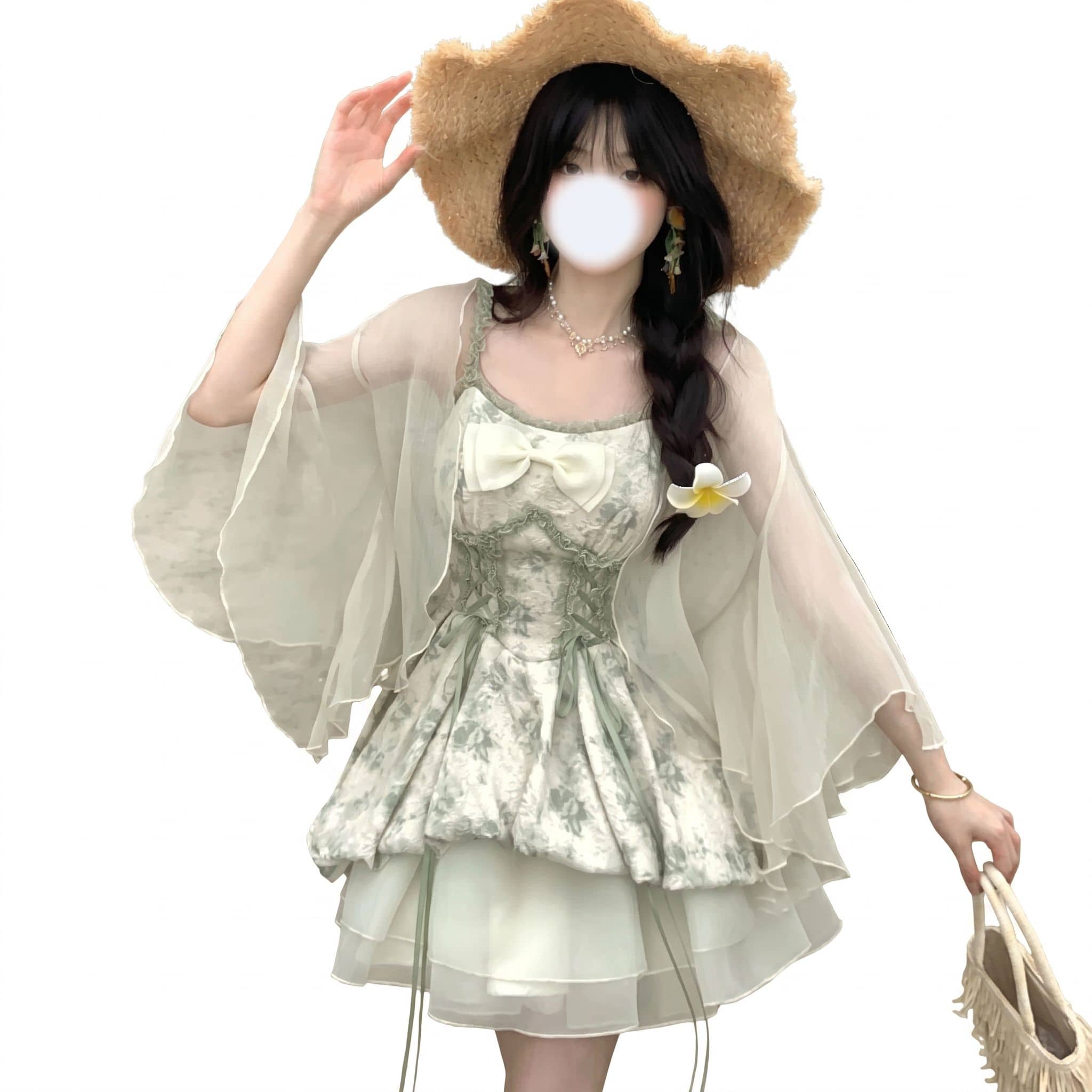 【全店通用25％OFFクーポン】ワンピース レディース 2点セット キャミワンピ シフォン カーディガン 花柄 森ガール 編み上げ リボン ミニ丈 ティアード ふんわり お洒落 デート 夏 華やか｜大森麗萱