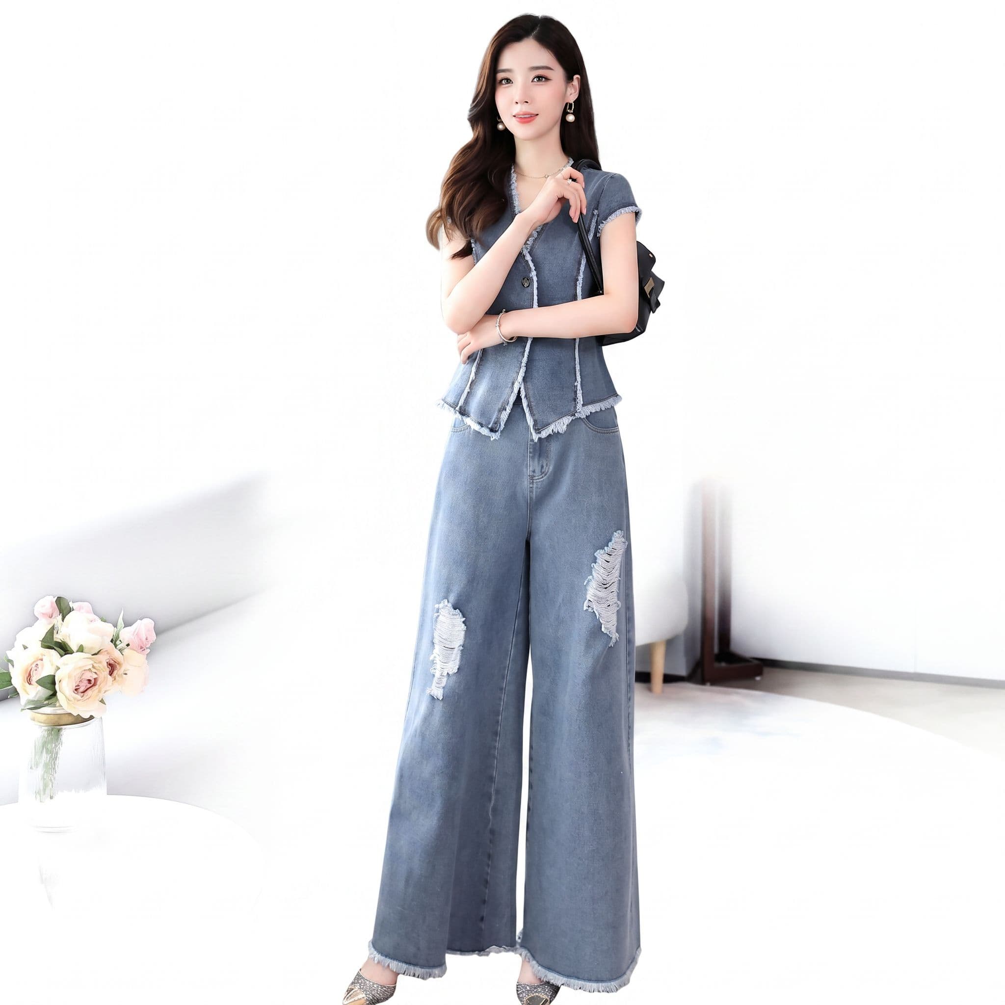【今日このごろ押さえる、超買得30％OFF引き換え証、2度潮どき皆無】ジーンズセットアップ 座標 半袖 ジーンズより良い 広広としたズボン下 2点 書き割り レディース 夏 心地よい 成年者 ご機嫌酉の方角 デニム 成年者 流行病の発生 成年者心地よい 体型取りまかなう 着痩せ お