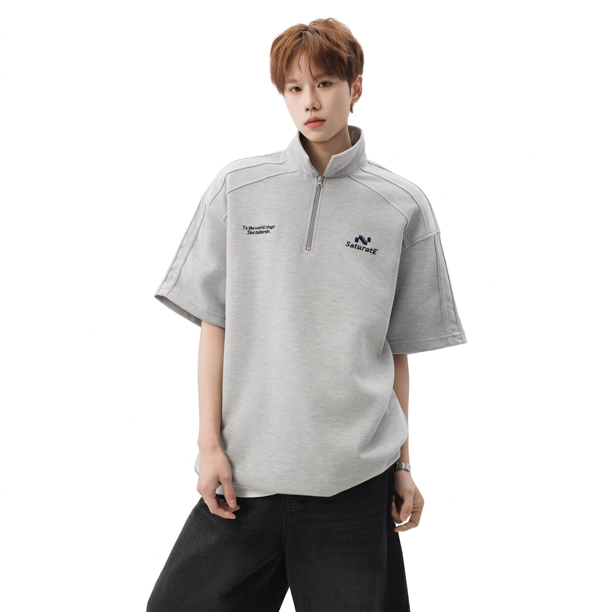 【全店通用25％OFFクーポン】ハーフジップ ポロシャツ メンズ 半袖 スウェット ビッグシルエット トレーナー 大きいサイズ ストリート系 カレッジ風 刺繍 切替 ティーシャツ トップス 夏 おしゃれ ユニセックス｜大森麗萱