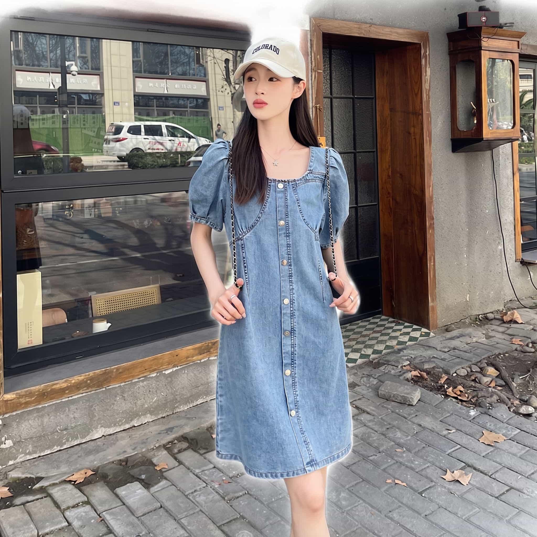 【今日このごろ押さえる、超買得30％OFF引き換え証、2度潮どき皆無】ジーンズ衣裳 レディース 真四角のど首 パフ衣袂 半袖 エーライン 前くい違い 名取り草 ミニ衣裳 心地よい 好いたらしいめ 御洒落 体型取りまかなう 夏服