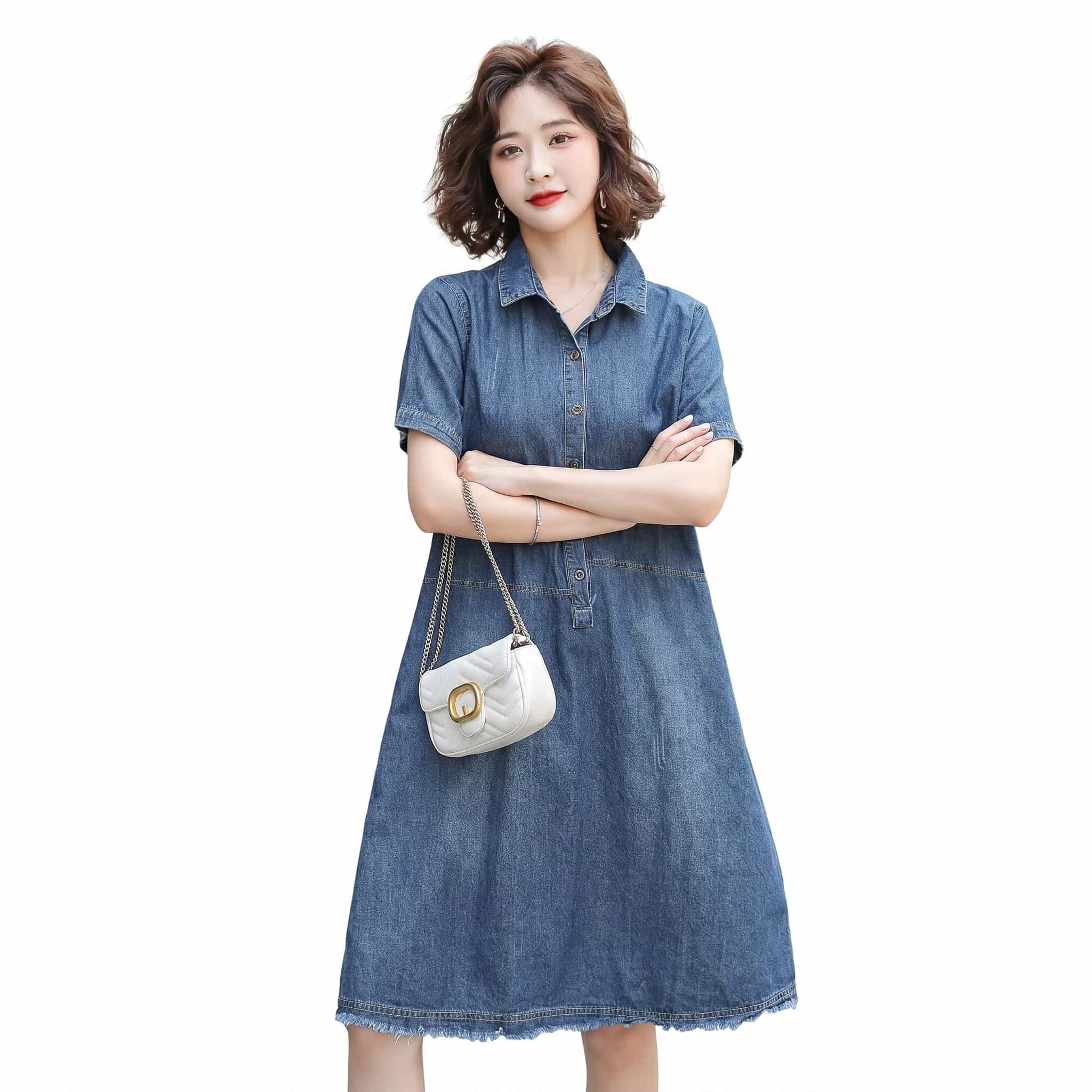 【今日このごろ押さえる、超買得30％OFF引き換え証、2度潮どき皆無】ジーンズ衣裳 レディース プルオーバー衣裳 半袖 膝丈 A伝達ルート ゆったり 体型取りまかなう シャツワンピ 襟付き添い人 心地よい 前くい違い 名取り草 ヴィンテージ風 フリンジ裾 パステル色の 普段着 お出