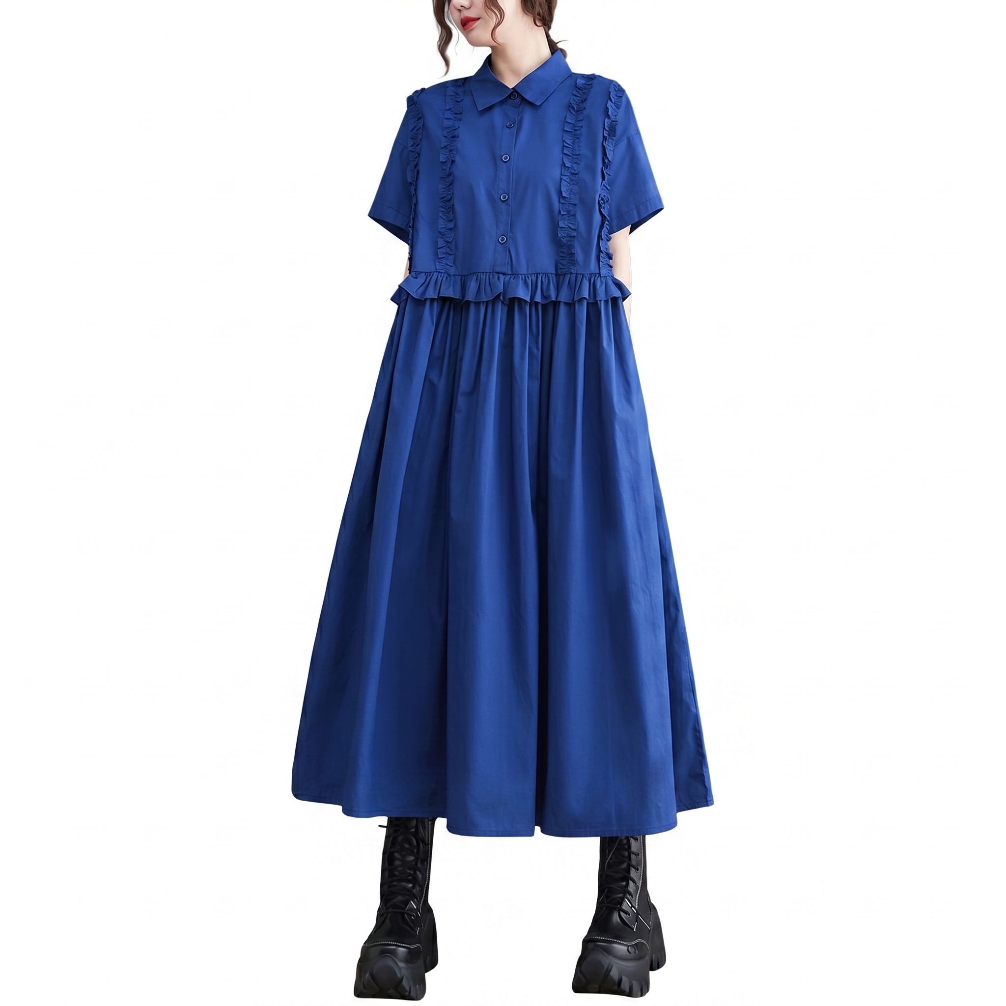 【今日このごろ制限事項、超買得30％OFFクーポン券、2度汐どき皆無】ラインシャツワンピース レディース 前胸部フラウンス マキシ 襟付き添い人 名取り草 半袖 夏 ロング衣裳 ゆったり 体型取りまかなう 気持ち良い 通い 心地好い 夏
