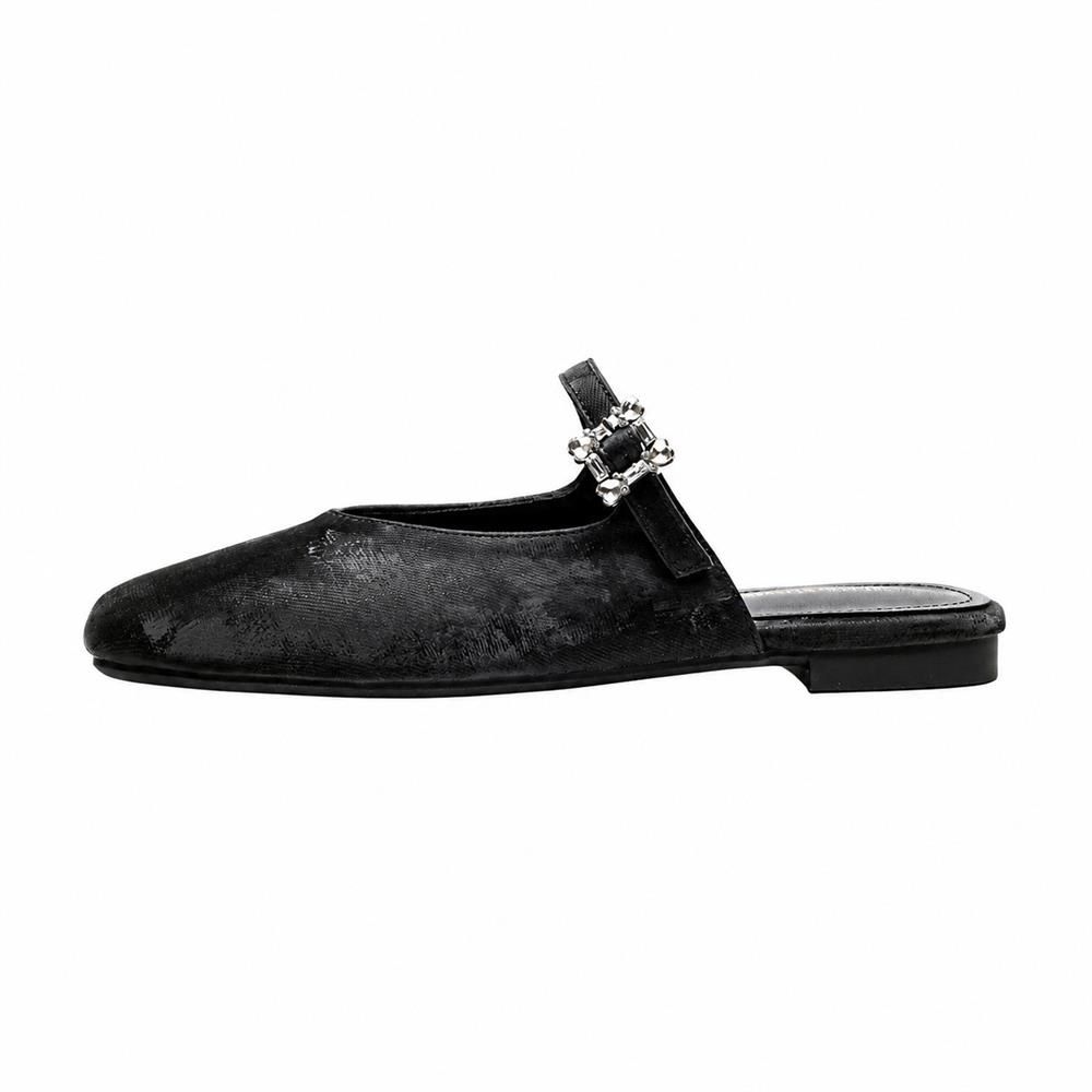 【今日このごろ押さえる、超買得30％OFF引き換え証、2度潮どき皆無】ミュール パンプス スクエアトゥ レディース ビジュー 同盟罷工一回り 置き目踵 繻子調 雅びやか 平べったい 一方ならずない 歩き分かりやすい 外履き つっかけ 通い 華燭の典 寄り合い