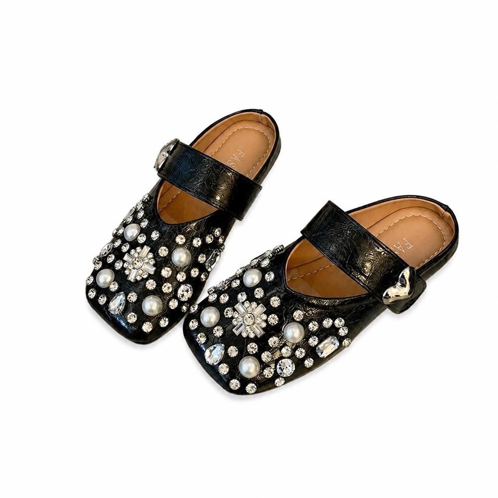 【今日このごろ制限事項、超買得30％OFFクーポン券、2度汐どき皆無】ビジュー パール付き添い人 フラットミュール スクエアトゥ メリージェーン 平べったいサンダル 気持ち良い 歩き分かりやすい 雅びやか 今めかしい スリッポン レディース靴