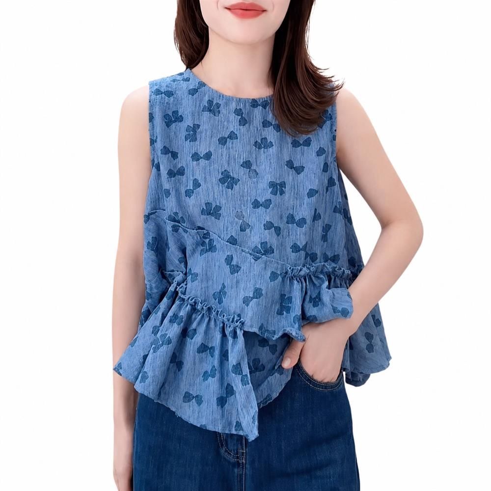 【今日このごろ制限事項、超買得30％OFFクーポン券、2度汐どき皆無】ノースリーブ トップ レディース シュロの葉柄 裾フラウンス ティアード トップス 体型取りまかなう 非相称 心地好い 好いたらしいめ 夏服 今めかしい 冷やりとした 雅びやか 通い お出かけ 女子らしい こなれ