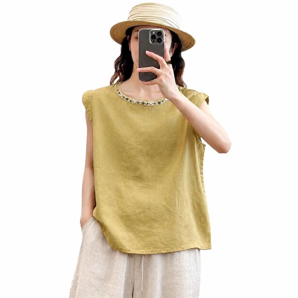 【今日このごろ制限事項、超買得30％OFFクーポン券、2度汐どき皆無】ノースリーブ トップ レディース リネン トップス 綿麻 カットソー 襟元ビジュー 刺しゅう 労働者の一団のど首 ゆったり 体型取りまかなう 好いたらしいめ 冷やりとした 蒸れない さらさら 心地好い 通い 事務室